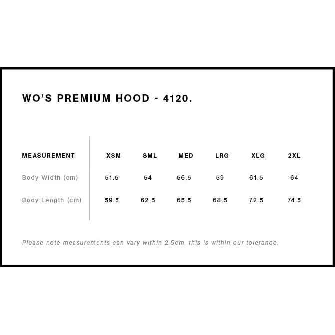 Hoodie size chart.