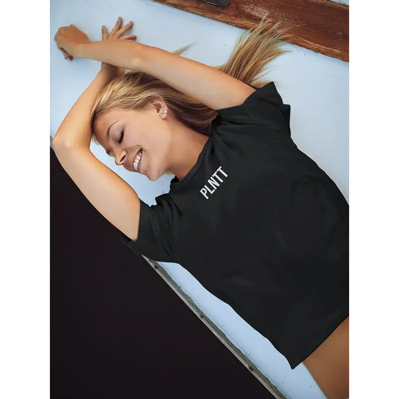 Black t-shirt with white lettering.