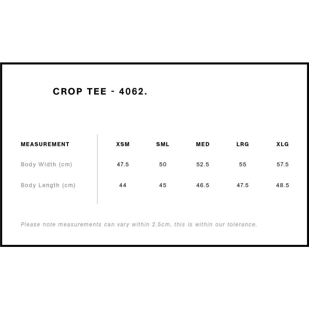 Crop tee size chart.