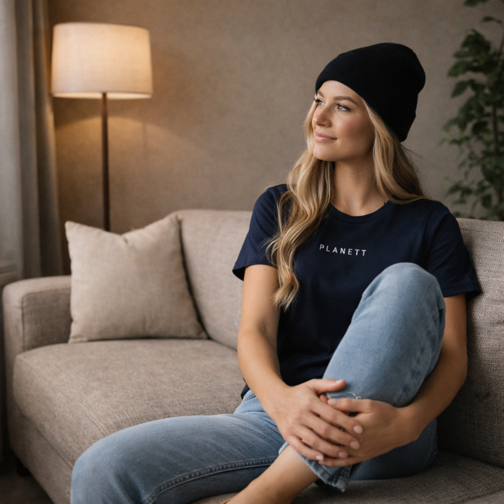 Navy blue short-sleeved t-shirt with ’planett’ printed in white across the chest