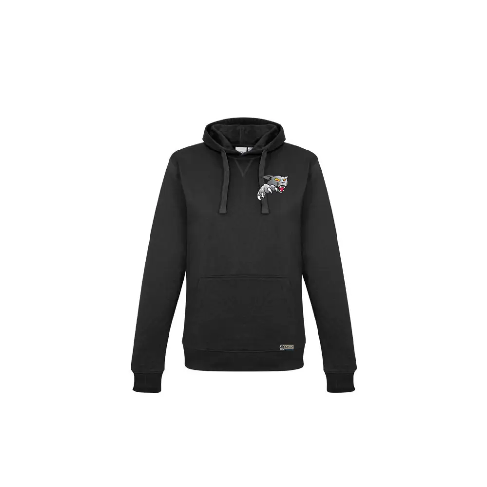 Black hooded sweatshirt with wolf graphic.