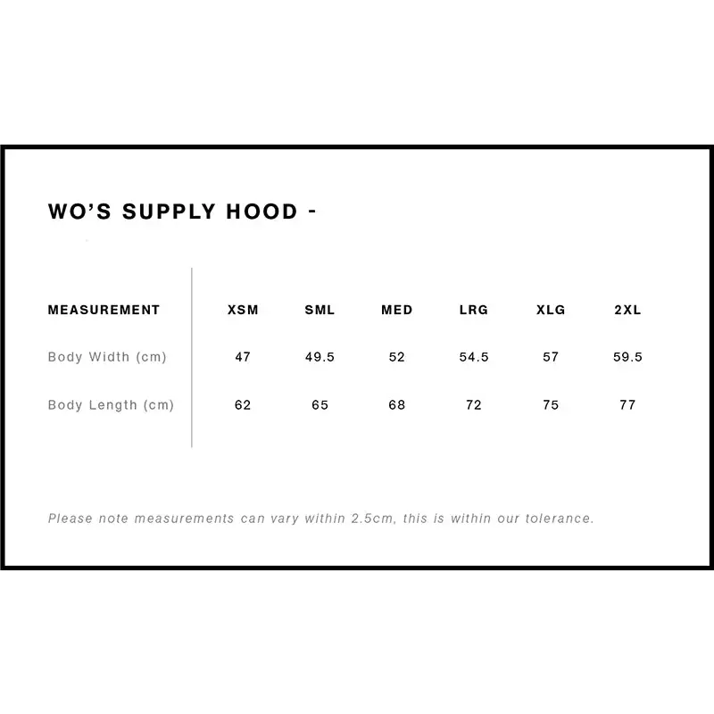 Hoodie size chart.