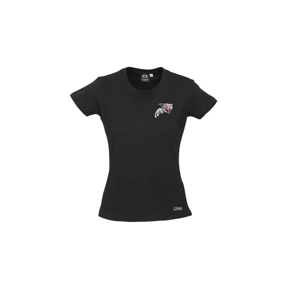 Black t-shirt with wolf graphic.