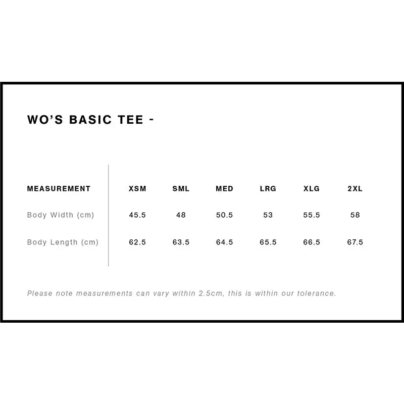 T-shirt size chart.