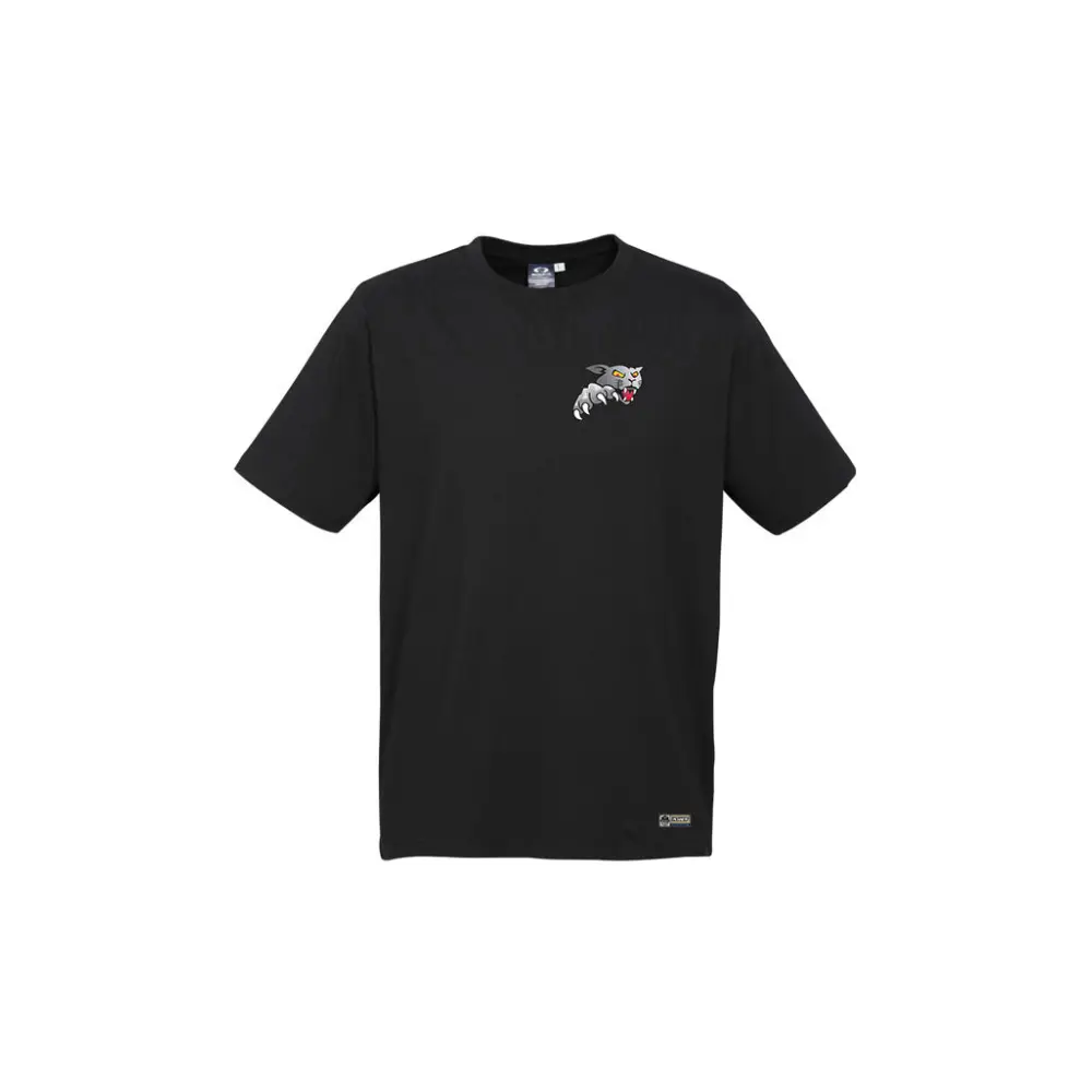 Black short-sleeved t-shirt.