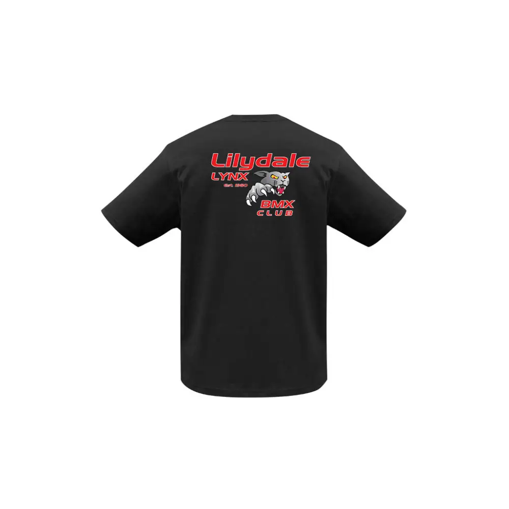 Black t-shirt with Lilydale Lynx BMX Club logo.