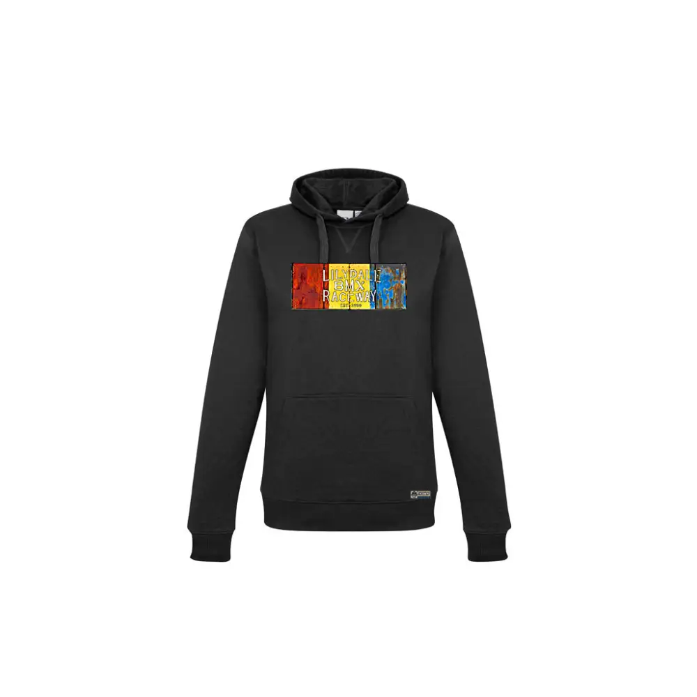 Black hooded sweatshirt with colorful graphic.