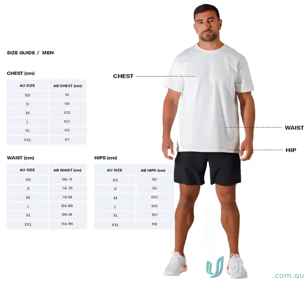 White crew neck t-shirt with black shorts and teal sneakers.
