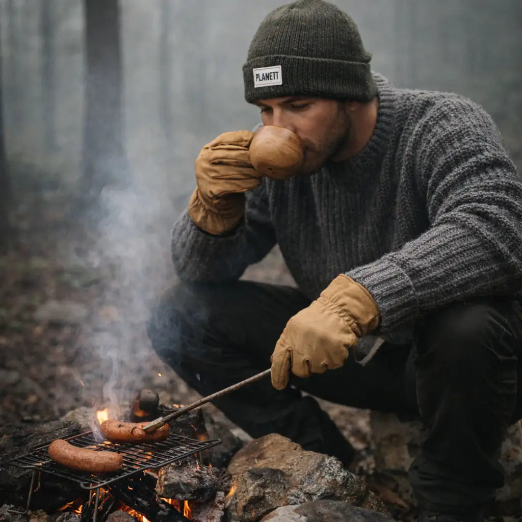 Man wearing a dark green knitted beanie with a white ’planett’ label and tan leather gloves.