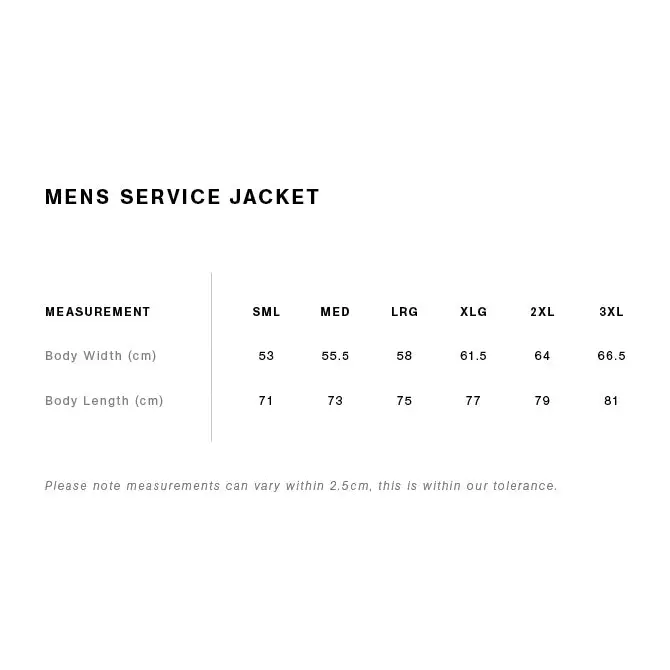 Men’s service jacket size chart.