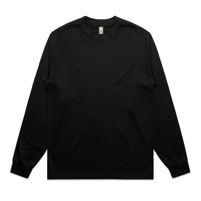 Black long-sleeved crew neck t-shirt with a ribbed neckline and cuffs, likely made of cotton or polyester blend.