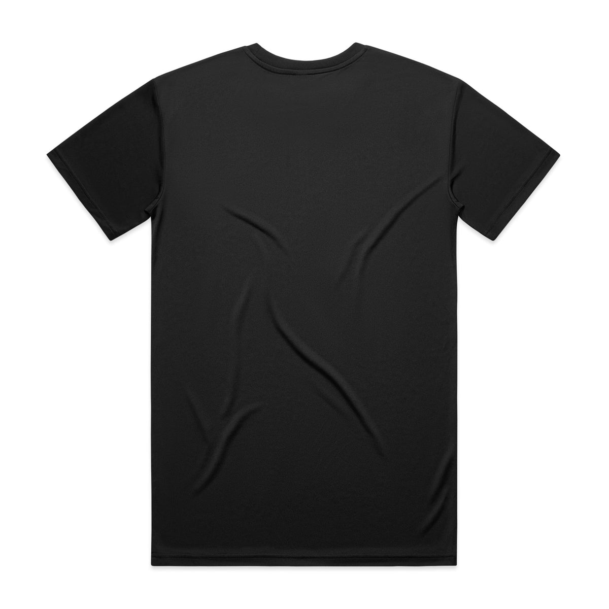 Black t-shirt with short sleeves and crew neck.