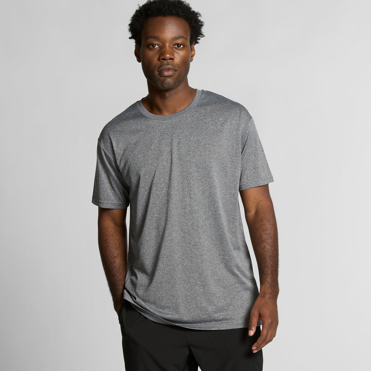 Charcoal heathered short-sleeve t-shirt with a subtle pattern.