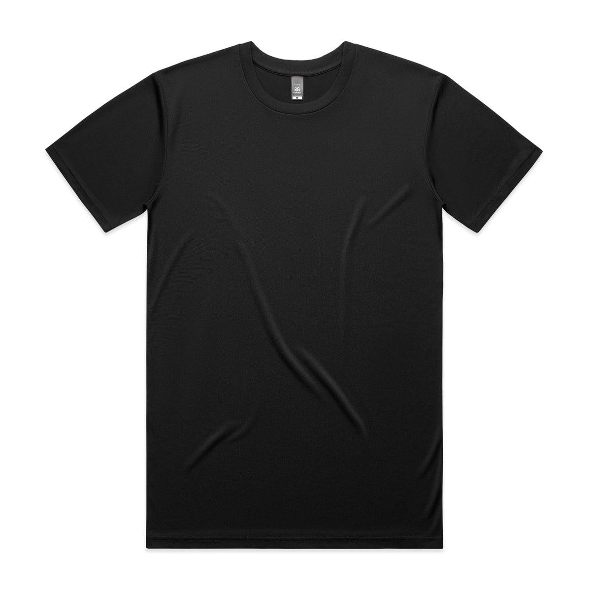 Black crew neck t-shirt with short sleeves and a simple design.