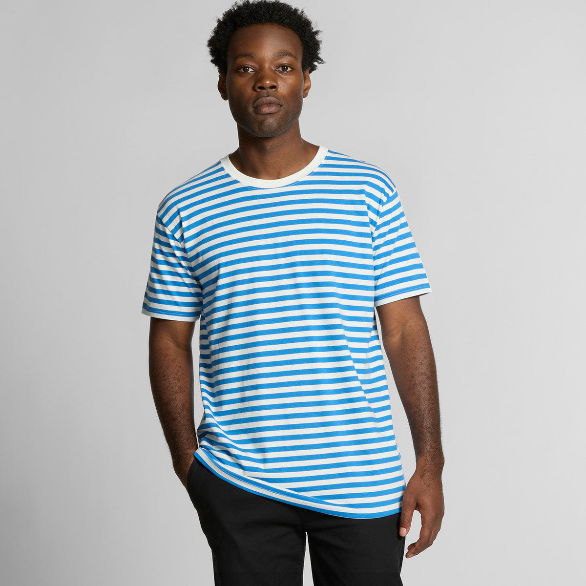 Blue and white striped t-shirt with a crew neck, short sleeves, and ribbed cuffs.