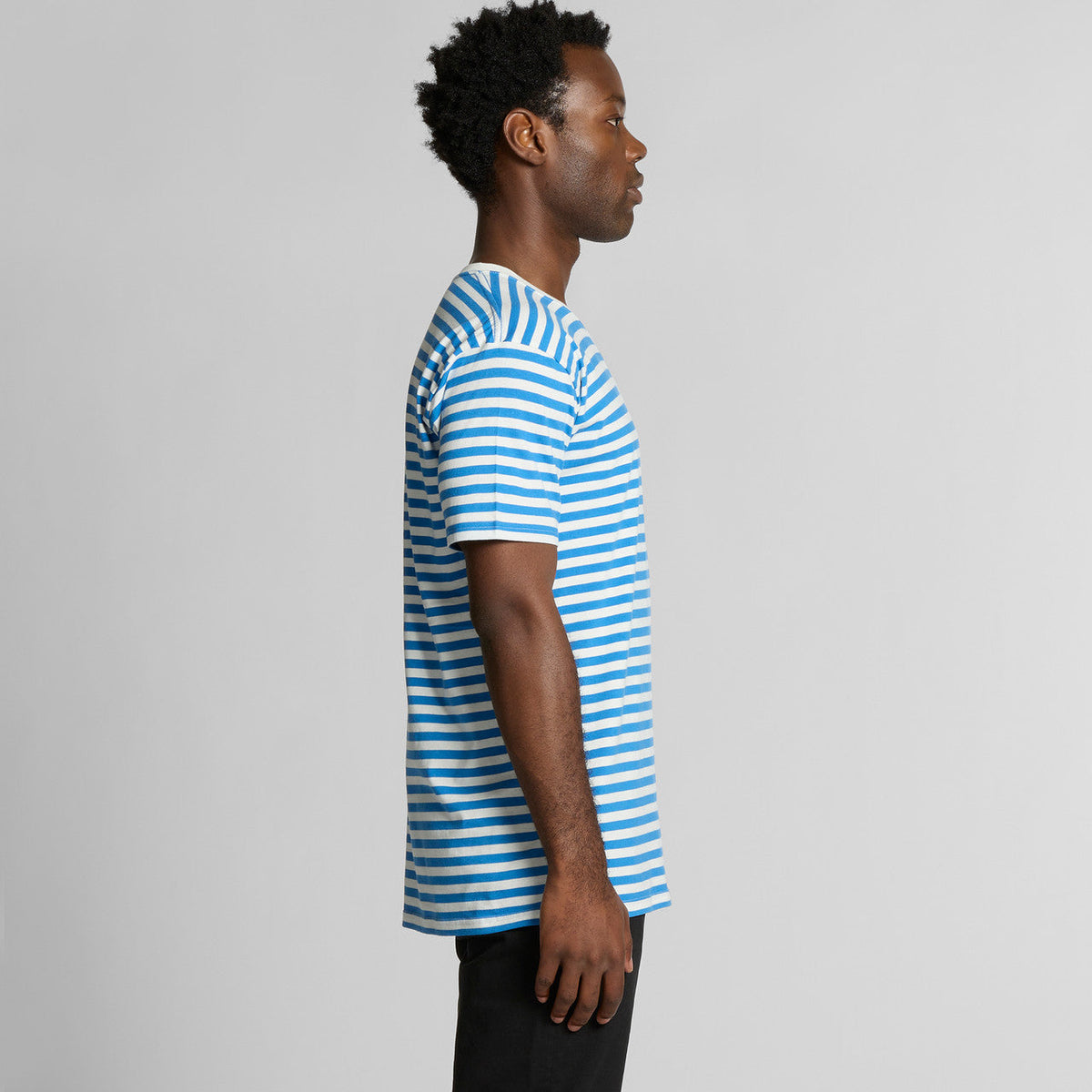 Blue and white striped t-shirt with short sleeves, casual design.