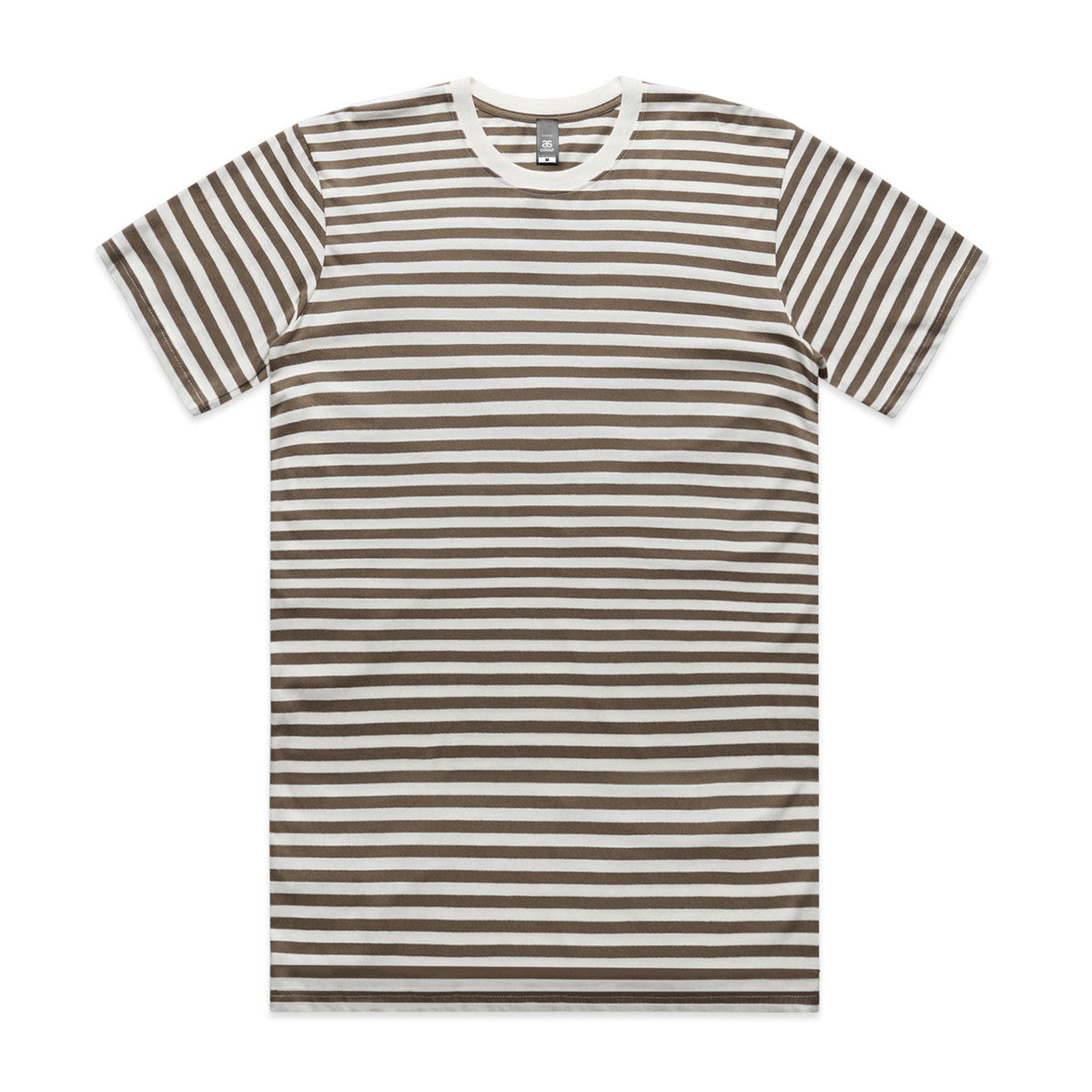 Striped t-shirt with short sleeves and a crew neck, featuring brown stripes on white background.