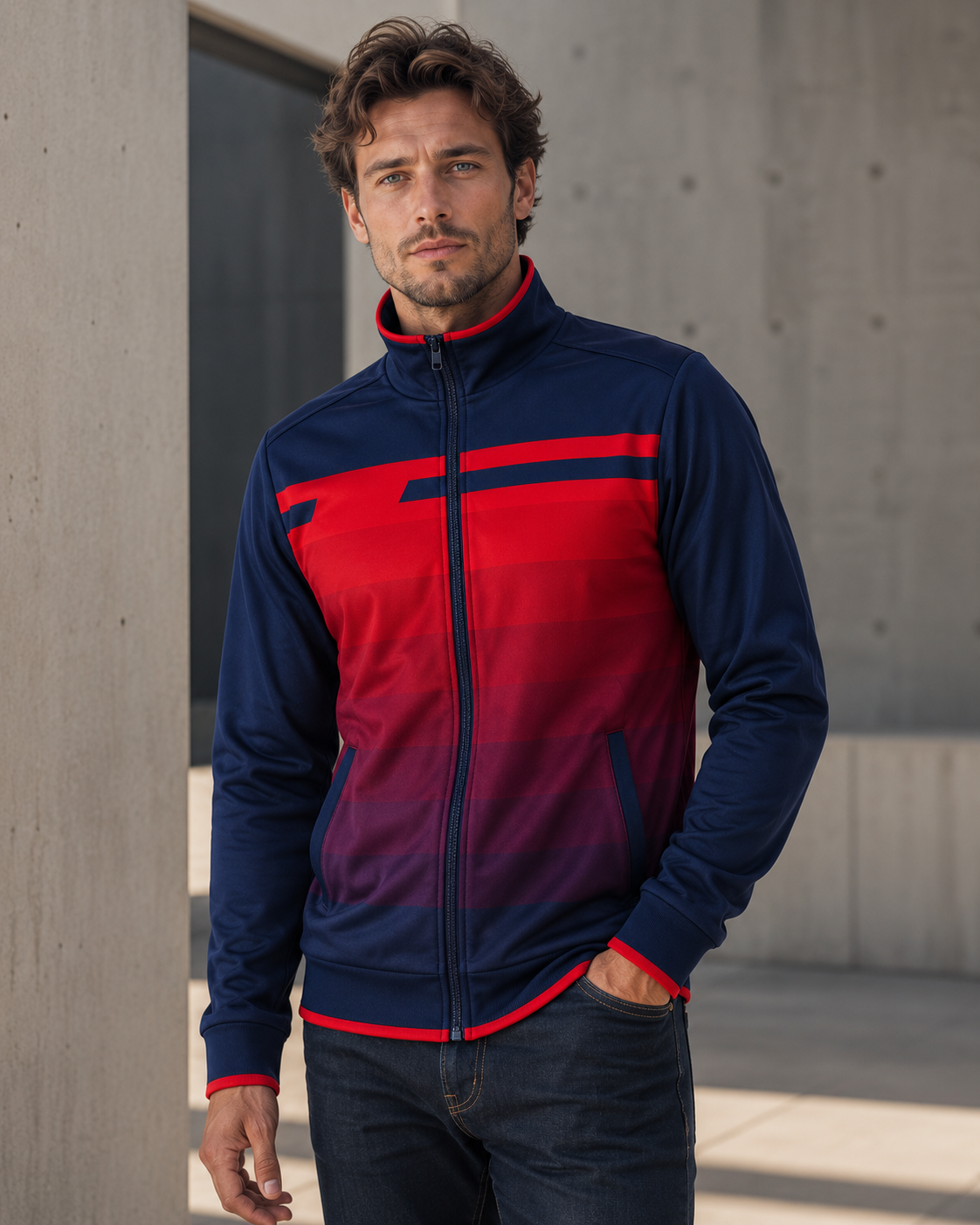 Man wearing a red and blue jacket standing against a concrete wall.