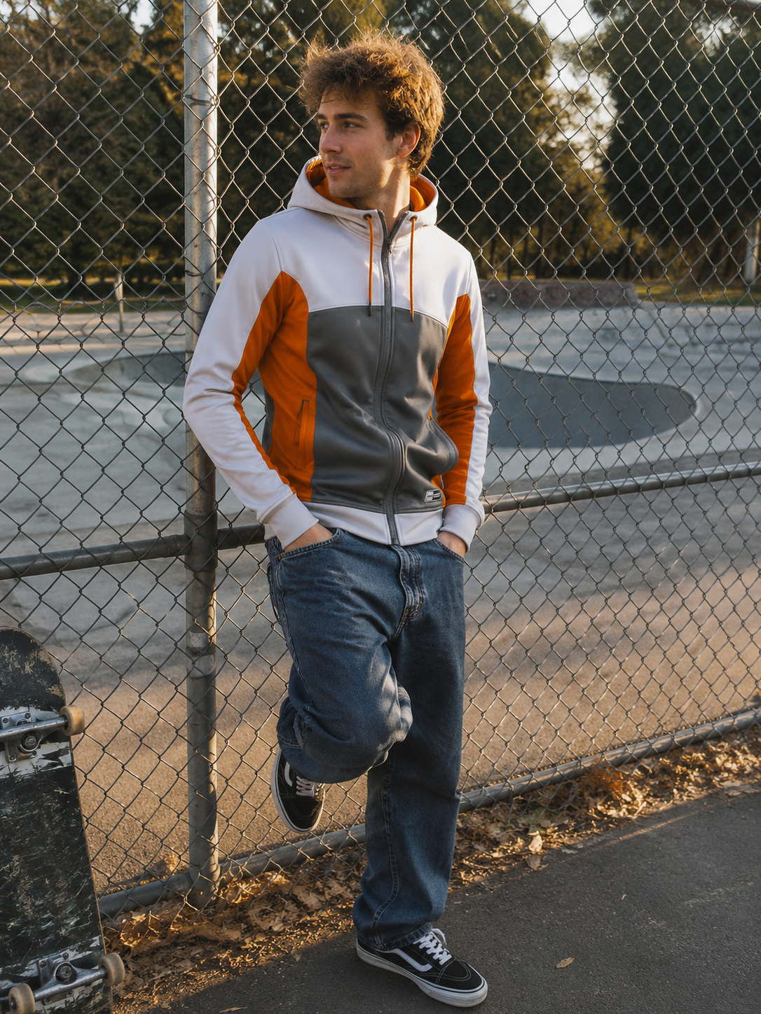 Person wearing a colorful hoodie and jeans leaning against a chain-link fence with skateboards in the background.