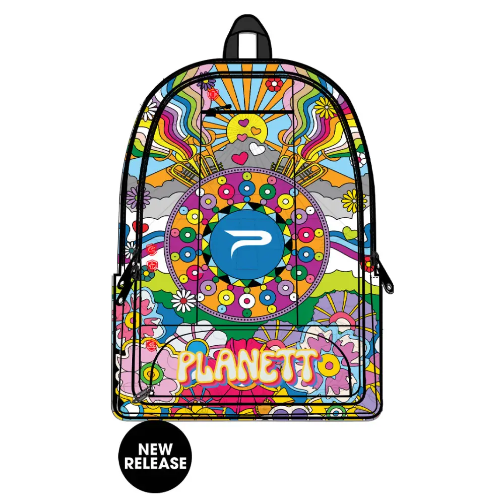 Psychedelic-patterned backpack.