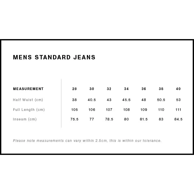 Jeans size chart.