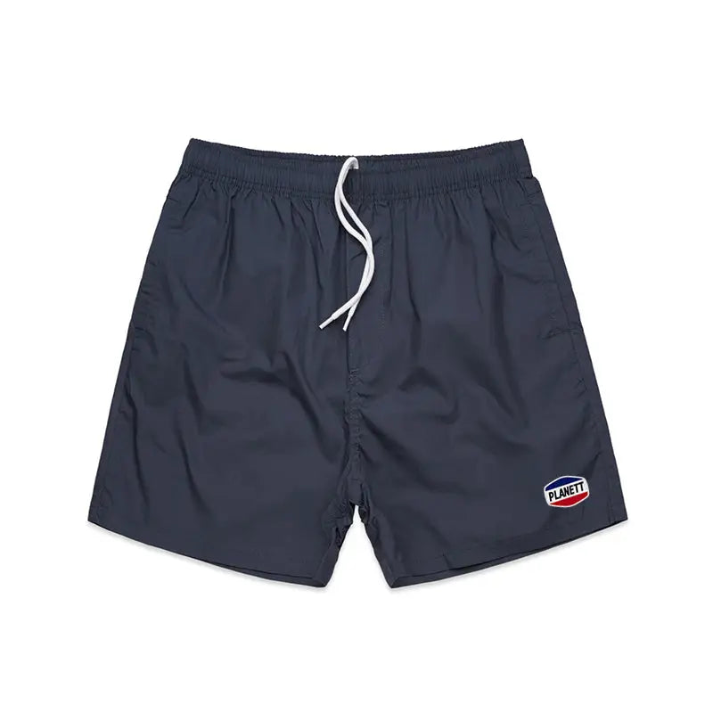 Gray swim trunks with drawstring.