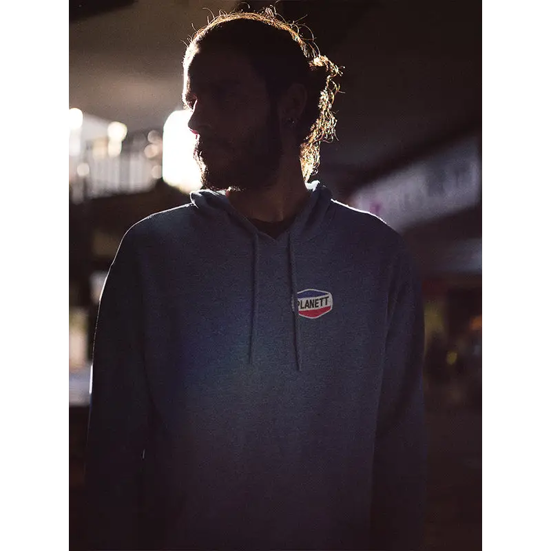 Blue hooded sweatshirt.