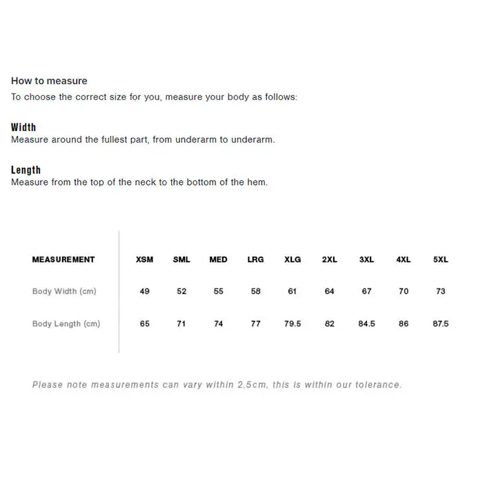 Clothing size chart.