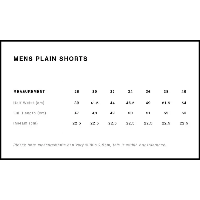 Men’s shorts size chart.