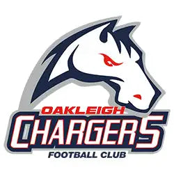 The oakland chargers football club logo features a stylized white horse head with red eyes and black outlines, set against a bold navy blue and silver design.