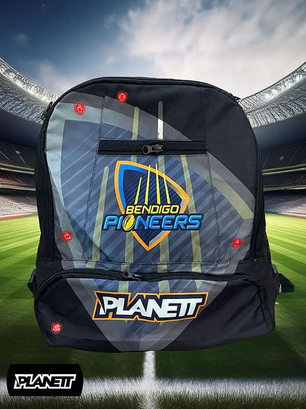 Black and grey sports backpack with a ’Bendigo Pioneers’ logo and ’Planett’ branding.