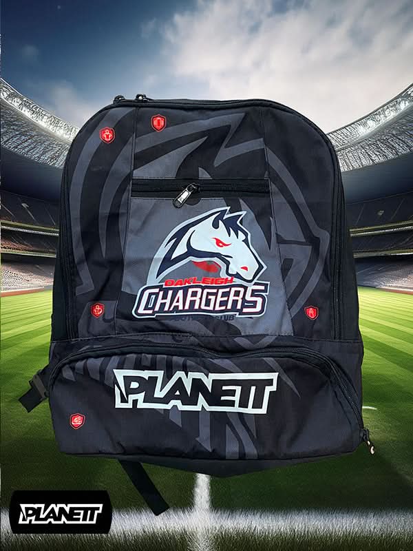 Black and grey backpack with a horse logo and ’CHARGERS’ text.