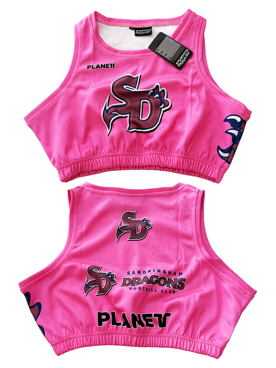 Pink sleeveless crop top with a ’SD’ logo and ’Sandringham Dragons Football Club’ text.