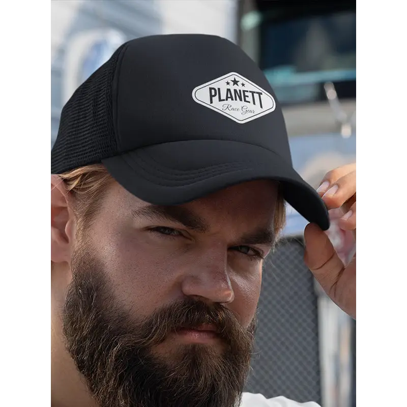 Black trucker hat with logo.