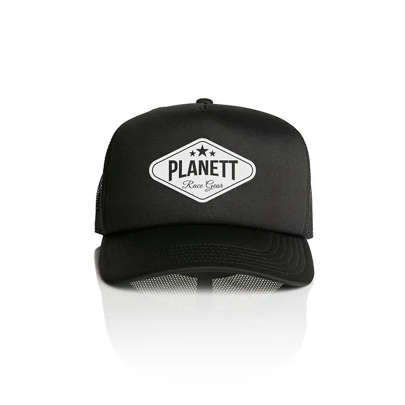 Black trucker hat with logo.