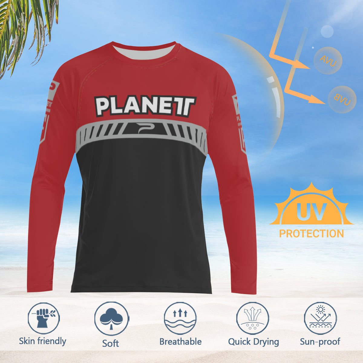 Red and black long-sleeved athletic shirt with UV protection, skin-friendly, soft, breathable, quick-drying, and sun-proof properties.