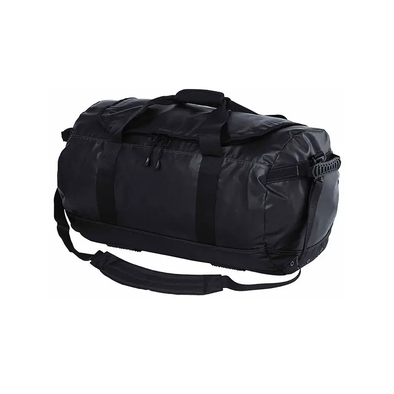 Black duffel bag with shoulder strap.