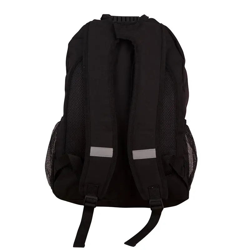 Black backpack with mesh pockets.