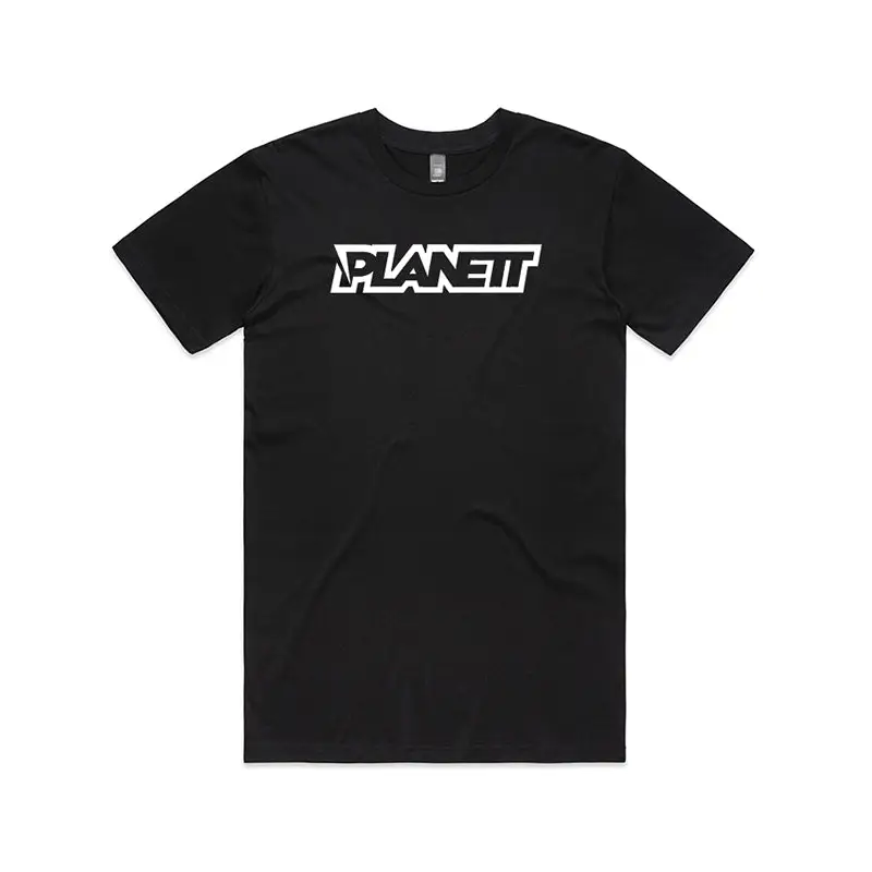 Black t-shirt with white lettering.