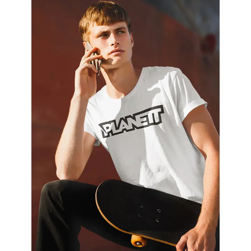 White t-shirt with black lettering.