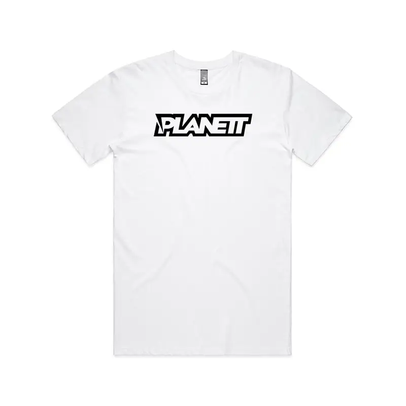 White t-shirt with black logo.