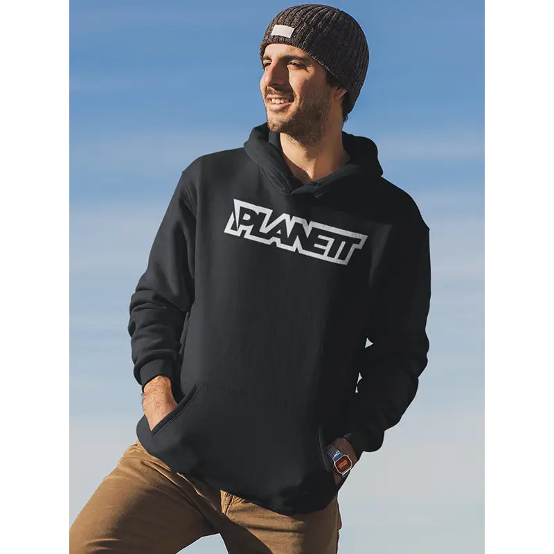 Black hoodie with white logo.
