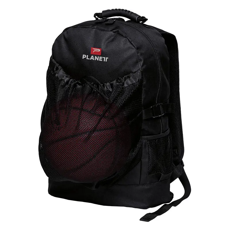 Black backpack with mesh pocket.