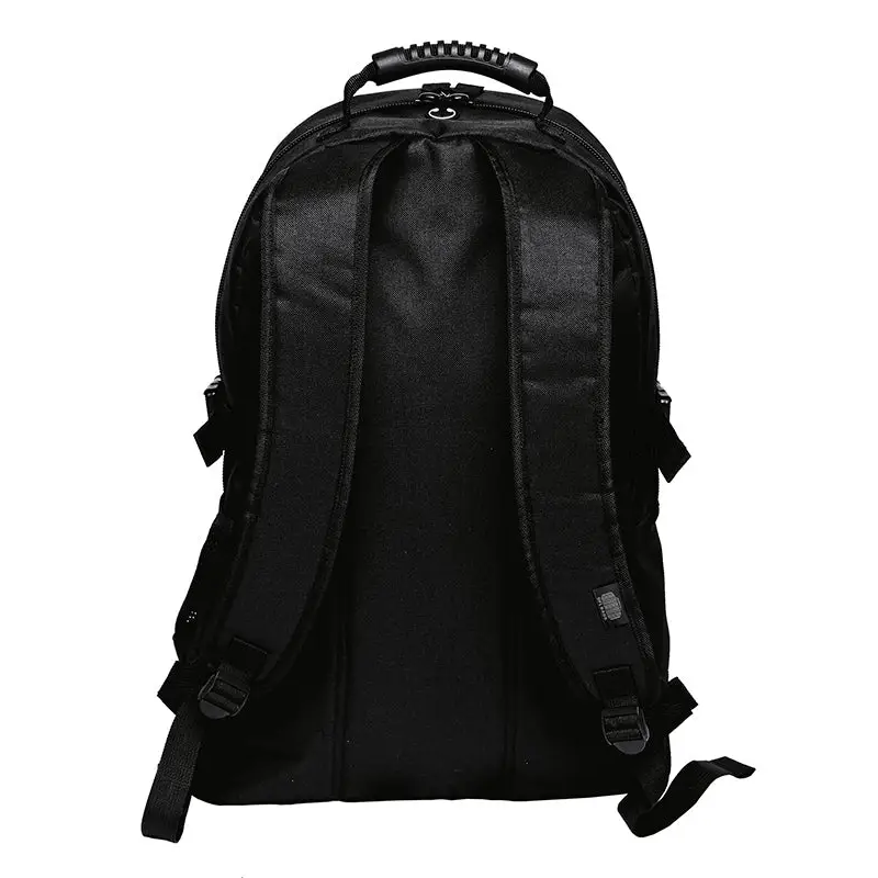 Black backpack with padded straps.