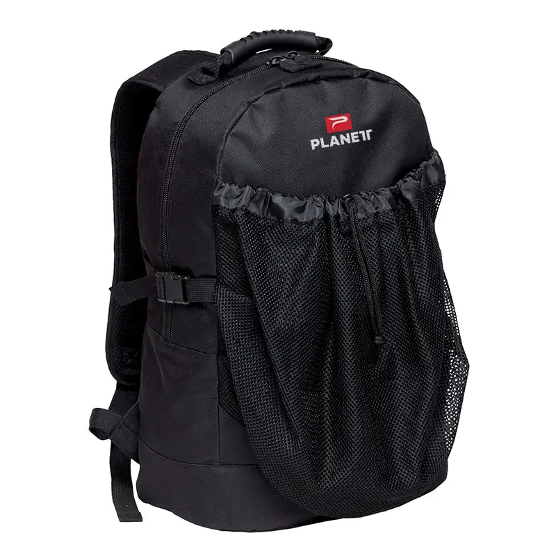 Black backpack with mesh pocket.