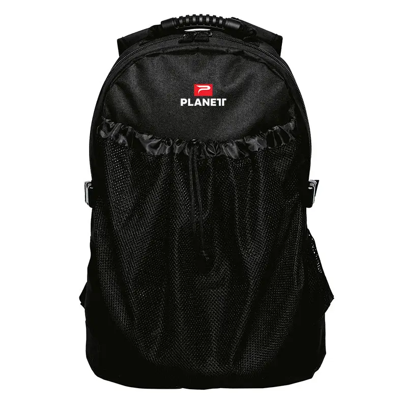 Black backpack with mesh pocket.