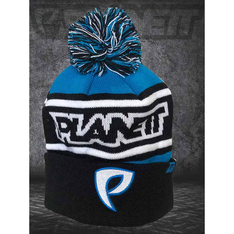 Black and blue knit beanie with pompom.