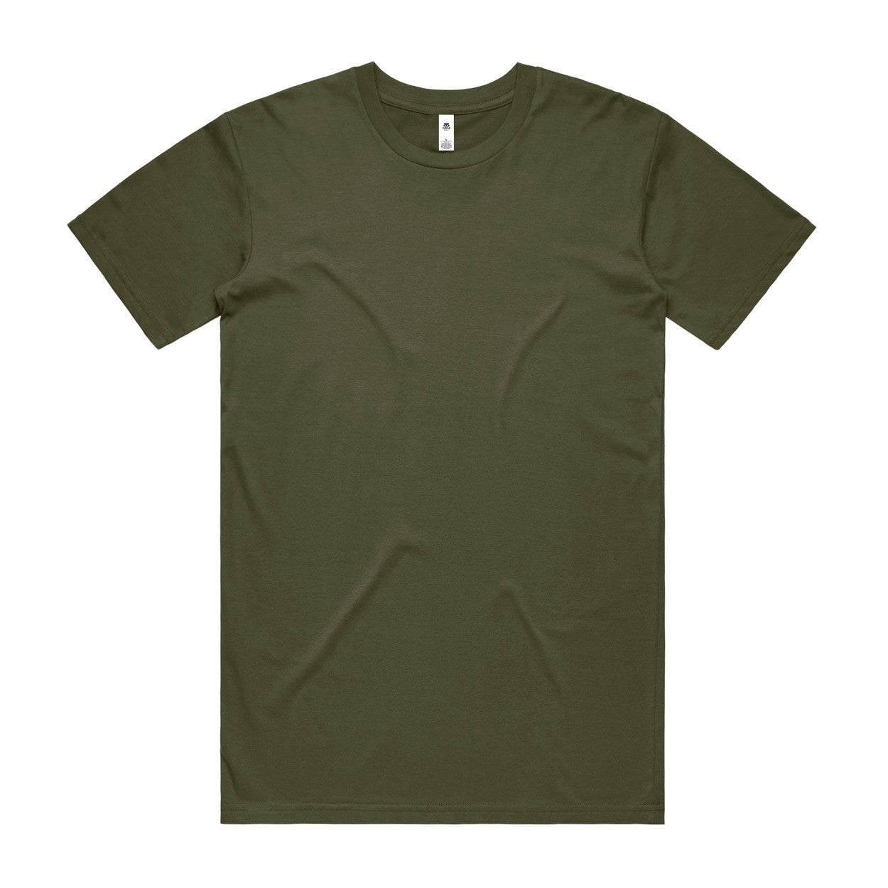 Olive green crew neck t-shirt with short sleeves and a ribbed neckline, made of cotton.