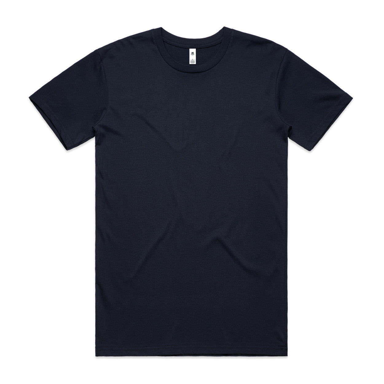Navy blue crew neck t-shirt with short sleeves and a small white logo on the left chest.