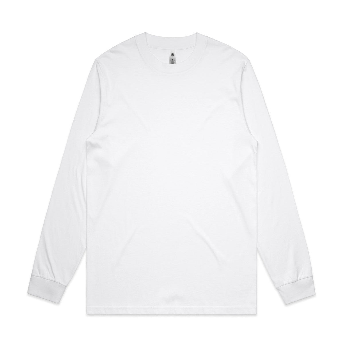 White long-sleeved t-shirt with ribbed cuffs and hem, likely made of cotton.